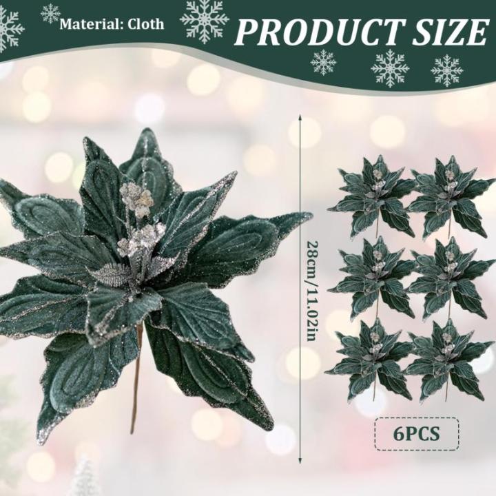 6pcs Poinsettia Blumen künstlich 11 Zoll lebensee Weihnachtsblumen weiche künstliche Blumen mit Glitzerpulver für Weihnachten Neujahrspartydekorationen, Grün, Weihnachtsblumen