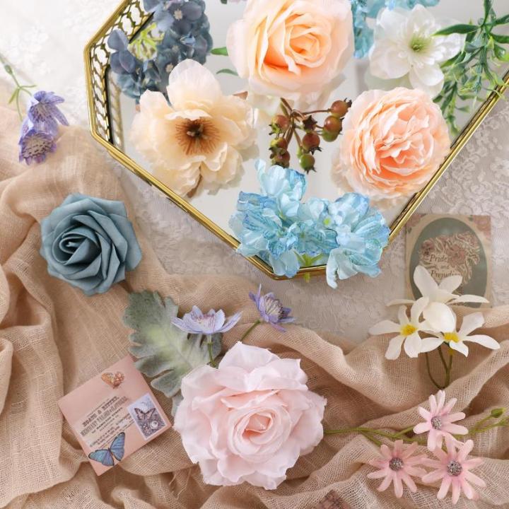 Kunstbloemen combo blauwe bloemen mix zijden bloemen dahlia rozen met stelen voor bruiloft, bruidsboeketten, tafeldecoratie, babyshower, bloemstuk, woondecoraties