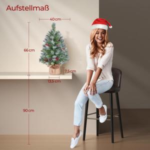 2 stuks 98 cm mini kunstkerstboom met sneeuw incl. 50 warmwitte leds & 70 rode bessen & 10 dennenappels, kleine kerstboom tafel dennenboom voor kerstdecoratie