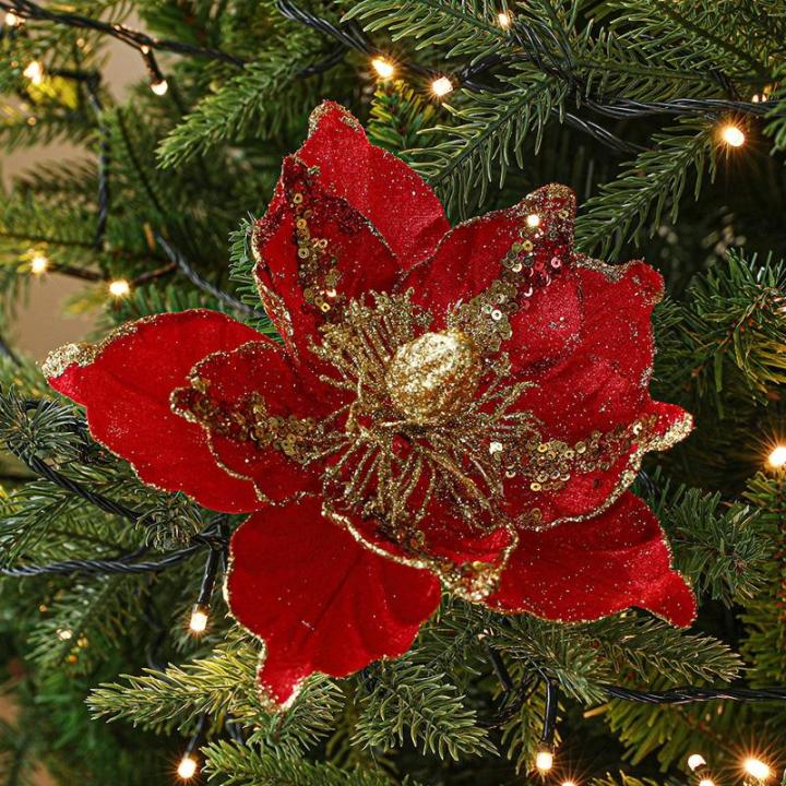 6 stuks kerstbloemen, glitterbloemen, kerstdecoratie, kerstboomversiering voor kerstboom, kerstkrans, bruiloft, tuin, Nieuwjaar (rood, 6 stuks)
