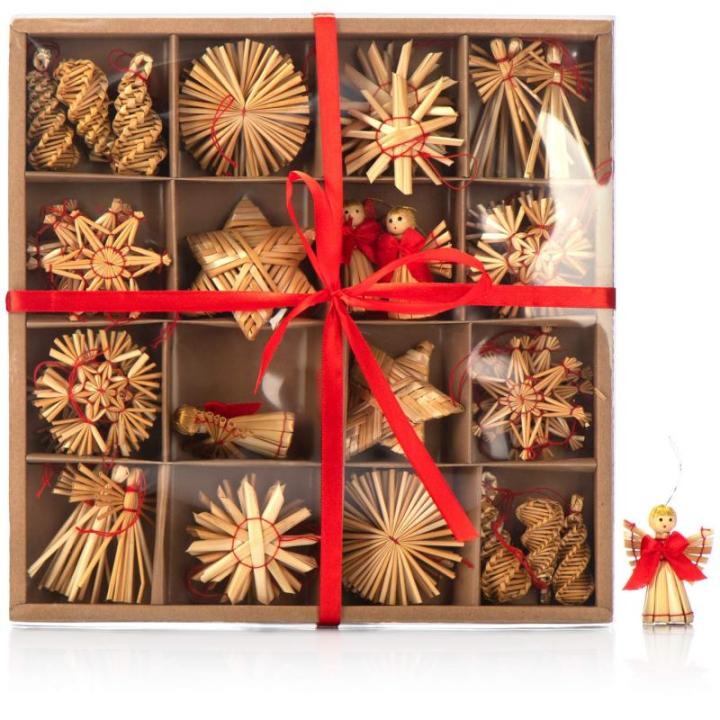 56-delige strosterrenset - sterren, bellen, dennenbomen en traditionele figuren als kerstboomversiering - kleine stro - natuurlijke kerstboomversieringen