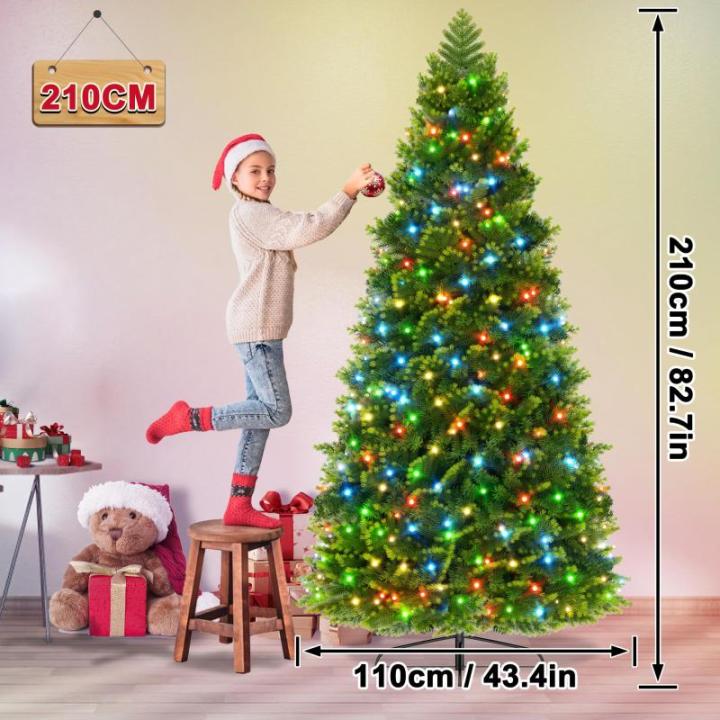 Kunstkerstboom met verlichting, 210 cm, PVC/PE, natuurgetrouw met kleurrijke led en metalen houder, kerstboom, kerstdecoratie