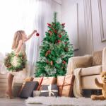 Kunstkerstboom met verlichting, 150 cm, 8 modi, dennenboom, groen, pvc, kerstboom voor kerstdecoratie, met dennenappels, dennennaald en dennennaald, klapsysteem, opvouwbare standaa