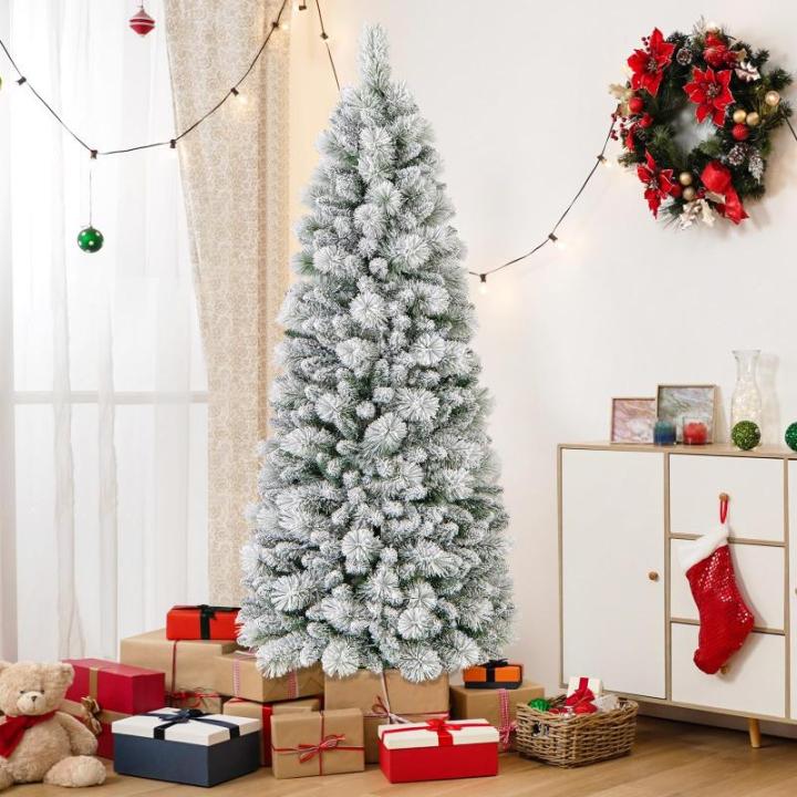 Kunstkerstboom met verlichting, 180 cm, pop-up dennenboom met 170 warmwitte ledlampen en 517 takuiteinden, gevlokte kerstboom, kunstboom voor thuis, bedrijf en kantoor