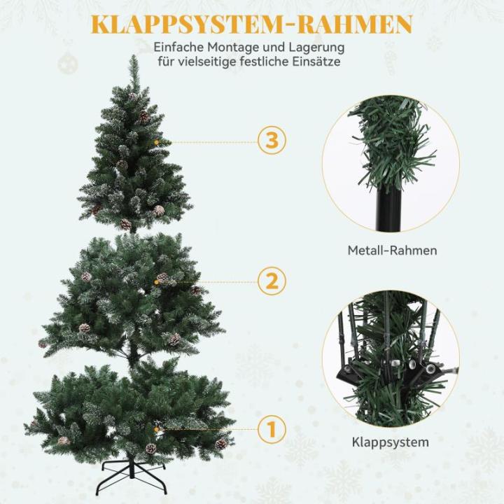 Kunstkerstboom met sneeuw en dennenappels, ca. 880 takken, natuurgetrouwe dennenboom met metalen standaard en klapsysteem, snelle montage voor thuiswinkels, 182 x 105 cm