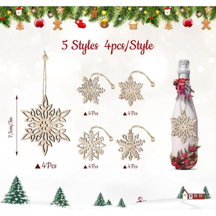 20 Kerstversiering hout,7,5cm sneeuwvlokken houten hanger,5 designs kerstboomversiering hout,onafgewerkte houten kerstversiering,vintage kerstboomversiering met henneptouw en bewee