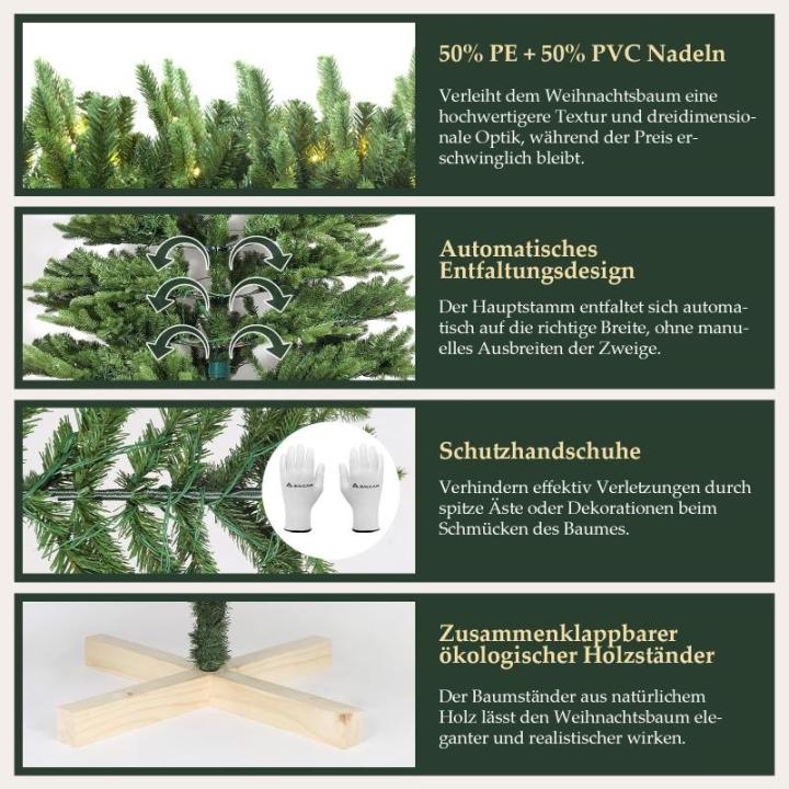 Kunstkerstboom 180 cm met warme LED-verlichting en houten standaard, PE spuitgietwerk en PVC dennenboom (Ø ca. 120 cm) met snelopbouw-klapsysteem