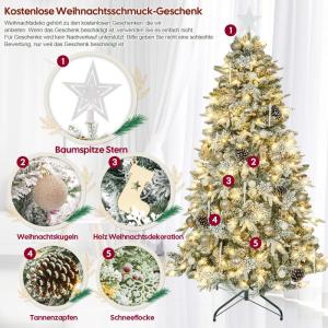 Kunstkerstboom met verlichting met sneeuw en STK, kerstballen, kerstdecoratieset, metalen standaard (180 cm, champagnegoud)