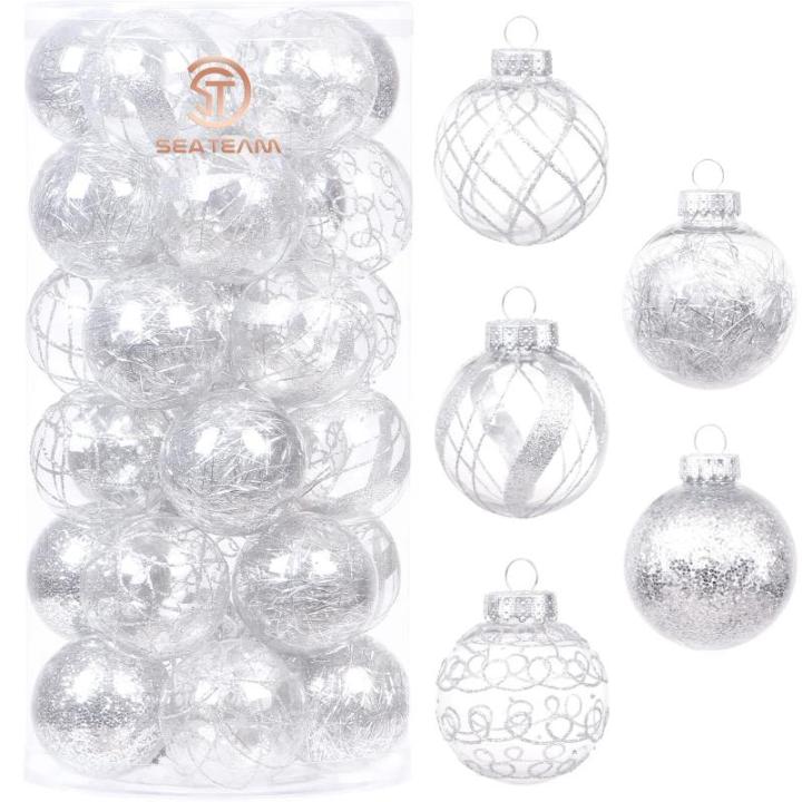 Onbreekbare doorzichtige plastic van 60 mm met glitterschilderij, transparant, doorzichtige kristallen , kerstboomdecoraties (30 stuks, zilver)
