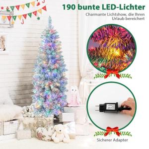 Kunstkerstboom, 150 cm, dennenboom met ledverlichting, slanke kerstboom met veelkleurige lichten, kunstboom met metalen standaard, voor Kerstmis, groen + wit