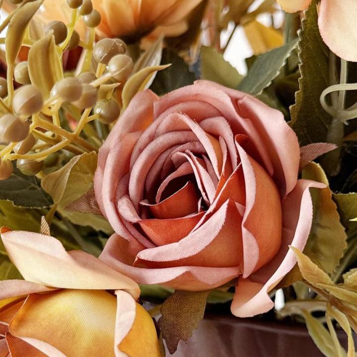 16,6 Zoll Künstlicher Blumentopf, Seidenblumen, Künstliche Blumen mit Metalltopf, Künstliche Rosensträuße mit Vase für Heimbüro-Desktop-Dekoration (Orange) (A)