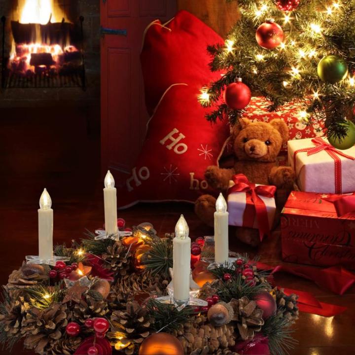 31852 Kerstboomkaarsen, set met 12 draadloze led-kerstboomkaarsen om vast te klemmen, 6 zuignappen, 6 houders in stervorm en 4 punten, werkt op batterijen, met afstandsbediening
