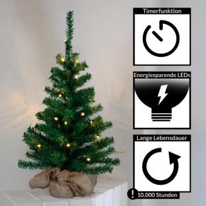 Kunstkerstboom 60 cm voor binnen, decoratieve dennenboom met led-verlichting, warm wit en timer, op batterijen werkende kunstboom