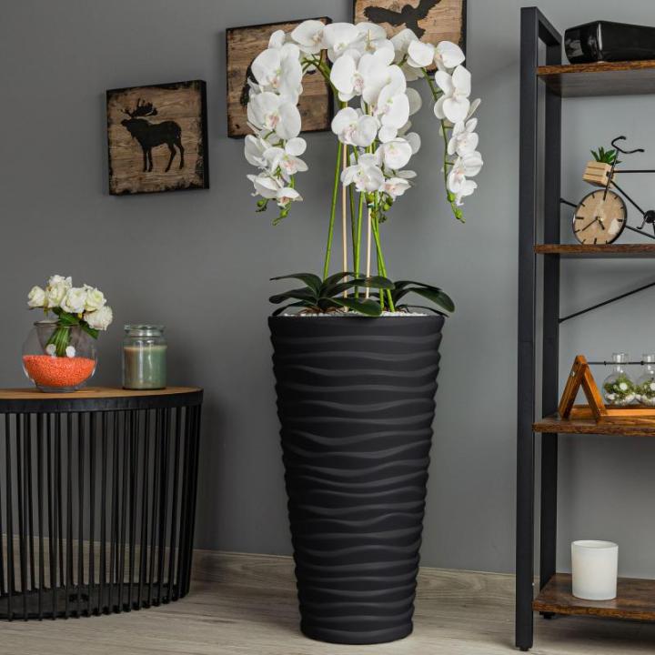 Künstliche Orchidee Kaskaden Blumenstrauß Weiß im Topf Anthrazit H 115 cm Heimbüro Dekoration, Kunstpflanze Orchidee, Kunstblume, Künstliche Orchidee im Topf