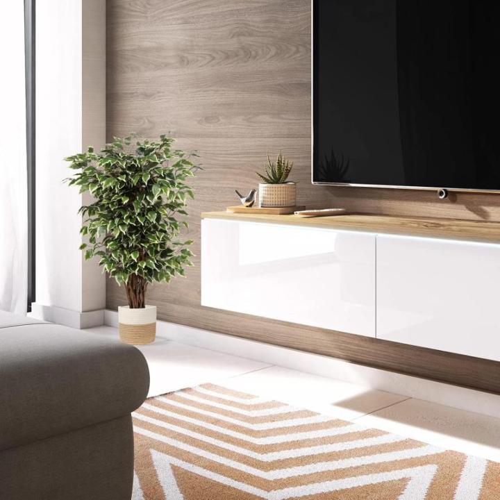 Benjamini Ficus, , grote kunstboom, kamerplant, decoratie met echte houten stam, voor kantoor, decoratie, slaapkamer, eetkamer, binnen, buiten, groen/wit, 91 cm