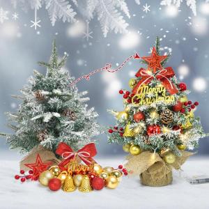Mini-kerstboom met led, 45 cm kleine kerstboom, versierd met kunstsneeuw en ornamenten, mini-dennenboom voor kerstdecoratie (rood, zilver, goud)