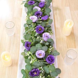 Künstliche Eukalyptus-Blumengirlande mit violetten Rosen, Seidenblumen, Grün, Girlande, Kunstschleierkraut, Efeu-Ranken für Hochzeit, Zuhause, Weihnachten, Party, Tischläufer, 