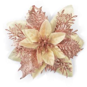 GL-Turelfies 12 stuks glitter kerstbloemen 15 cm met 12 clips kunstbloemen kerstboom kerstboom bloemen kerstdecoratie boom ornamenten (roségoud)