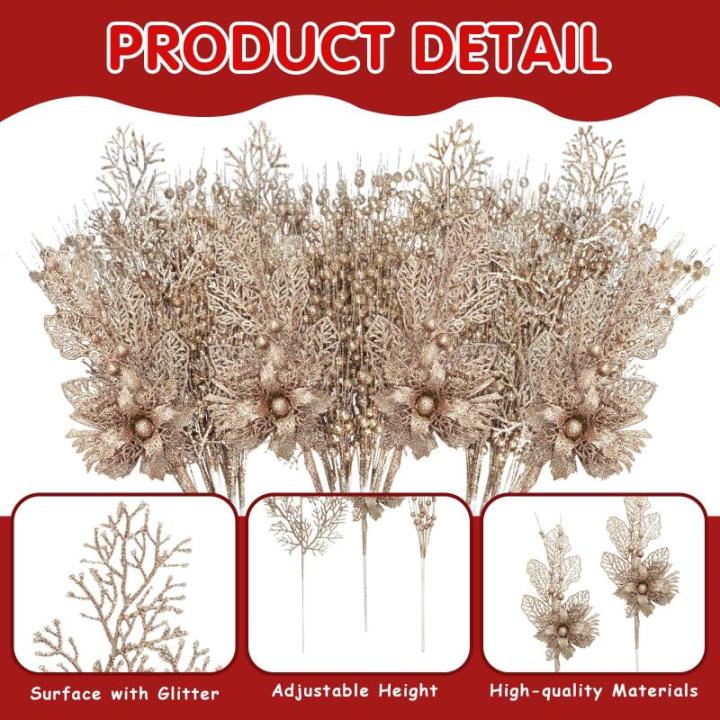 28 stuks kerst glitter bloemen bessen stelen kunstmatige kersttakken, kerstboomversiering, kunsttakken, kerstboom, plukken voor doe-het-zelf vakantie, handwerk, krans, woondecorati