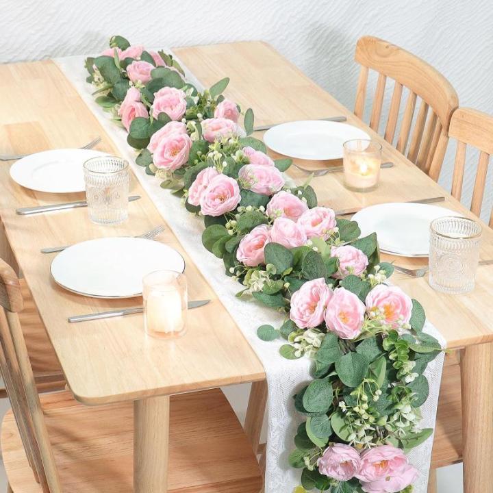 Künstliche Eukalyptus-Blumengirlande mit rosa Rosen, künstliche Pflanzen, Seide, Blumen, grüne Girlande, Kunstschleierkraut, Efeu-Ranken für Hochzeit, Dekoration, Zuhause, Weih