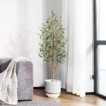 Kunstmatige olijfboom, 150 cm, grote kunstplant met natuurlijke houten stam en vruchten, kunstmatige olijfboom in pot, voor huis, slaapkamer, kantoor, tuin, decoratie (2 stuks)