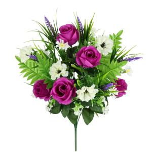 Kunstrozenboeket met lavendelbloemen, varen, 52 cm, rozenstruik, boeket, zijden bloemen, boeket, boeket, kunstboeket, rozen, decoratieve bloemen, bruiloft, middenstuk, tafeldecorat