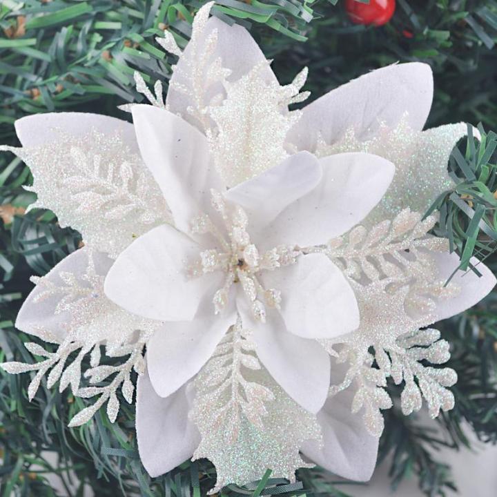 GL-Turelfies 12 STK. Glitzer Weihnachtsblumen (15cm/5,9'') mit 12 STK. Clips Künstliche Weihnachtsstern Blumen Weihnachtsbaum Blumenschmuck Weihnachtsbaum Ornamente (Weiß)