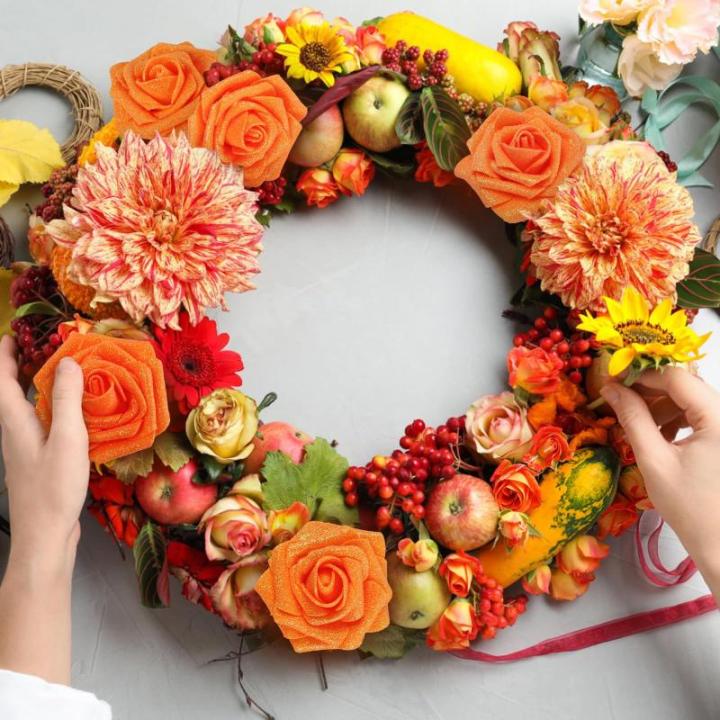 Kunstbloemen, 25 stuks, kunstrozen, bloemen met stengels, echte touch, kunstschuim, rozen voor bruiloft, boeketten, feest, kantoor, babyshower, woondecoratie, oranje