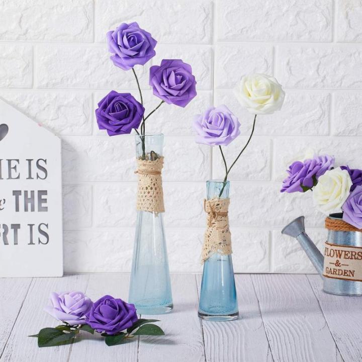 Kunstbloemen, 50 stuks, kunstschuim, rozen, paarse bloemen met stengels, lavendel, voor doe-het-zelf bruiloft, bruidsmeisje, bruidsboeket, middenstuk, feest, binnendecoratie (serie