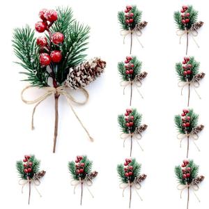Kunstbessen, 10 stuks decoratieve takken met bessen, kerstbessen, bessenprikkers, hulstbessentakken, kerstbessenstelen, voor kerstboom, krans, arrangement, woondecoratie, rood