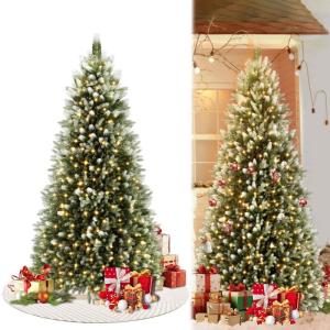 150cm Künstlicher Weihnachtsbaum, Tannenbaum mit Holzständer & LED Lichterkette, Künstlich Christbaum mit Schnee-Effekt aus PE+PVC Material, Schnellaufbau Klappsystem