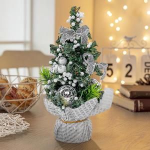 20 cm kleine kerstboom, kunsttafelkerstboom, miniatuurdennenboom met rode strikballen en bessen, tafelblad dennenboom voor kerstdecoratie