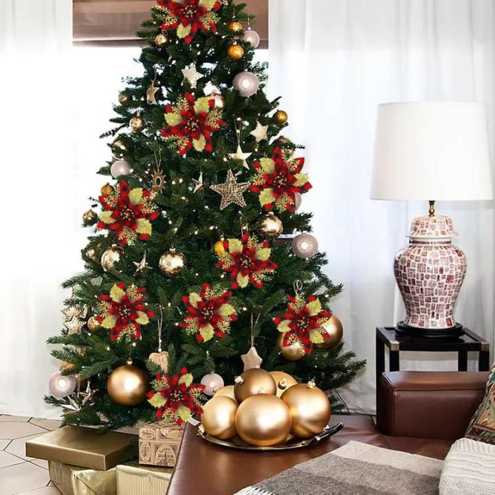 Künstliche Weihnachtsblumen, 24 Stück, Weihnachtsbaum-Blumen mit Clips, Weihnachtsbaumschmuck, künstliche Blumenornamente für Winter, Hochzeit, Party, Kranz, Dekoration (rot + 