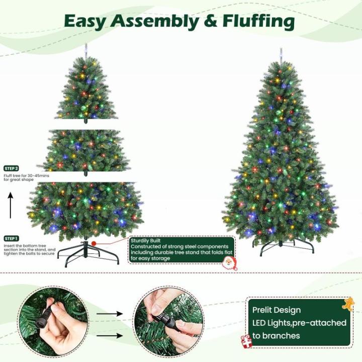 Kunstkerstboom met verlichting, 180 cm, met 330 warmwitte en meerkleurige ledlampen, 8 lichtmodi, 1018 PE en pvc-takpunten, opvouwbare metalen standaard