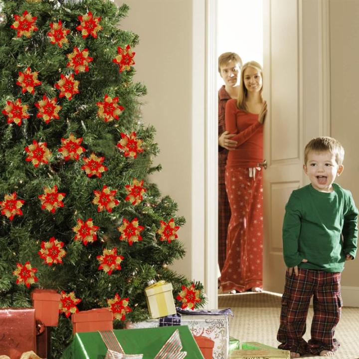 20 Stück Weihnachten Glitzer Weihnachtsstern Blumen mit Clips, Poinsettia Weihnachtsblume Glitzernde für Weihnachtsbaum Dekorationen (Gold Rot)