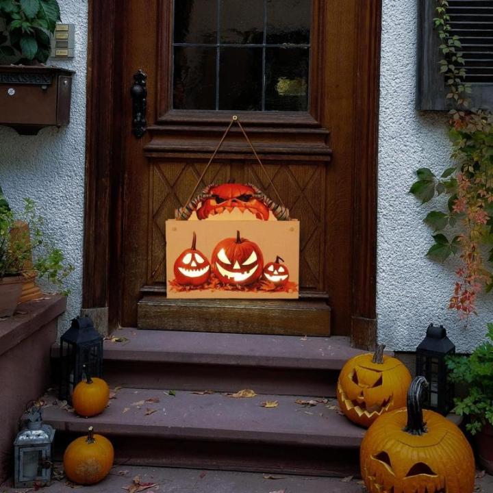 Kürbisschild Outdoor-Wandkunst | Kürbisschild Rustikale Wohndekoration | Rustikale Heimdekoration mit Seil, bedruckte Halloween-Veranda-Dekorationen (Wsgp 01a Kürbis)