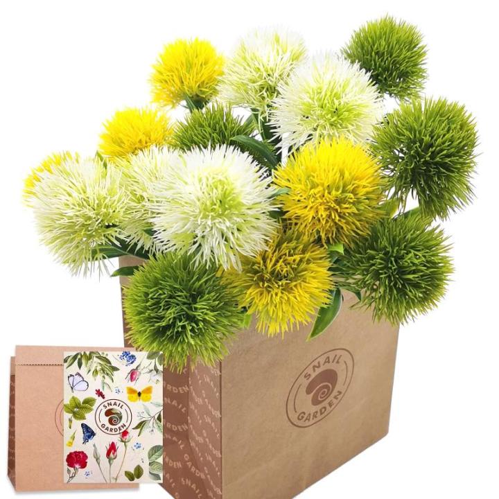 15 stuks kunstmatige paardenbloem, , plantenboeket met 1 vaas, kraftpapieren zak, plastic struikenborstels, plant nepgras voor binnen en buiten (wit, geel, groen)