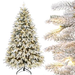 Kunstkerstboom met verlichting, witte sneeuwvlokken, led-dennenboom voor kerstdecoratie, van PE en pvc, 150 cm