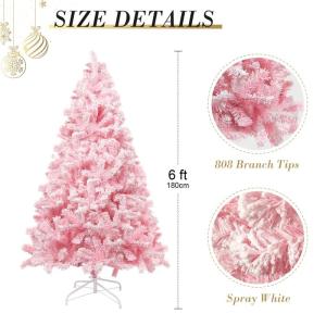 180 cm kerstboom bevlokt roze met volle flocked decoratie met sneeuwvlokken, 808 punten dennenbladeren van pvc en stabiele basis, kerstboom voor kerstdecoraties