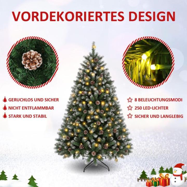Kunstkerstboom met 250 leds, met sneeuw, 180 cm (diameter circa 110 cm), 1000 tips, versierde kerstboom met dennenappels, snelmontage-systeem, vlamvertragend, inklapbare standaard,