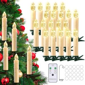 20 stuks kerstboomkaarsen, draadloos, led, zwevende kaarsen, kerstboomverlichting, lichtketting, kerstboom, warmwit, kerstdecoratie met afstandsbediening, timer, 1,5 x 8 cm