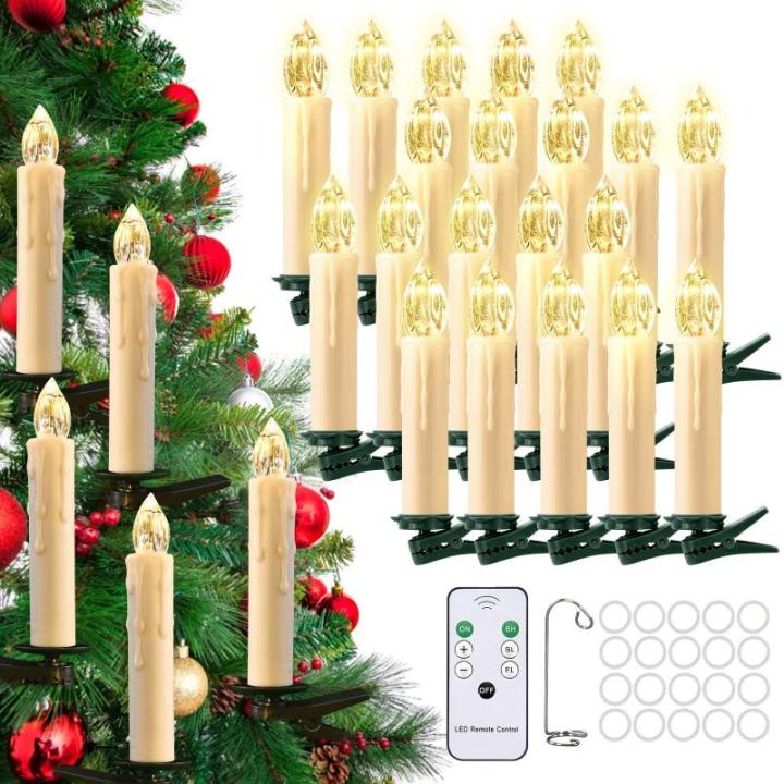 20 stuks kerstboomkaarsen, draadloos, led, zwevende kaarsen, kerstboomverlichting, lichtketting, kerstboom, warmwit, kerstdecoratie met afstandsbediening, timer, 1,5 x 8 cm