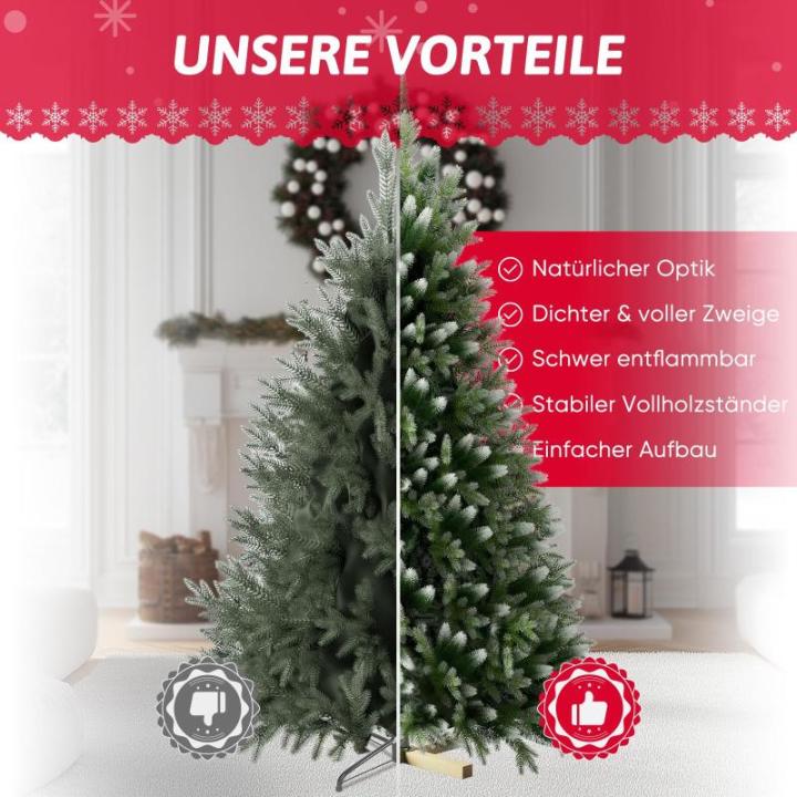 Onin, kunstkerstboom met kunstsneeuwcoating op punten, met 850 takken en houten standaard, inclusief 75 PE-spuitgietwerk en 775 pvc-punten, klapsysteem (H180 cm)