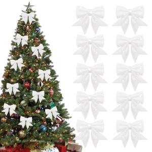 10 stuks witte strikken kerstmis glitter kerstboom strikken kerstboomversiering voor familiefeesten feestdecoratie voor Kerstmis vakantie bruiloft feesten