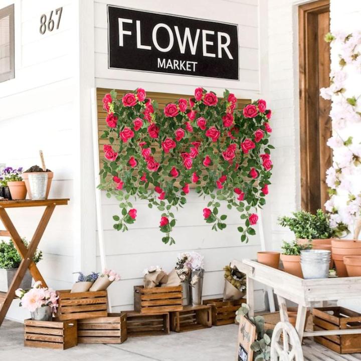 2 stuks kunstmatige rozen bloemen kunstmatige hangende mand plant wijnstok nep zijde hangende bloem voor tuin muur hek bruiloft balkon outdoor indoor huis deur decoratie