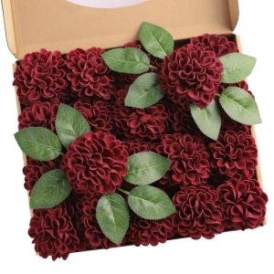 , 20 stuks dahlia-bloemen met bladeren en stelen, doe-het-zelf rode dahlia-schuim bloem voor bruiloft, boeketten, bloemen, centerpieces, arrangementen feesttafels,