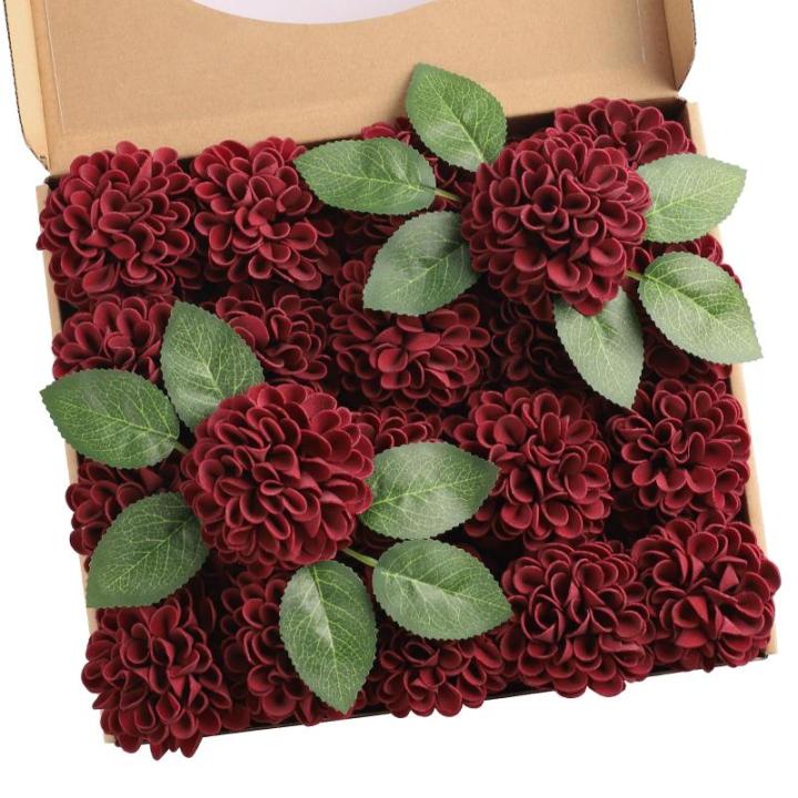 , 20 stuks dahlia-bloemen met bladeren en stelen, doe-het-zelf rode dahlia-schuim bloem voor bruiloft, boeketten, bloemen, centerpieces, arrangementen feesttafels,