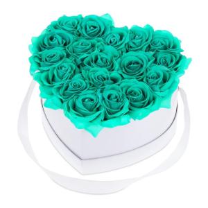 Rozenbox hart, 18 rozen, stabiele bloemenbox, wit, 10 jaar houdbaar, cadeau-idee, decoratieve bloemenbox, turquoise