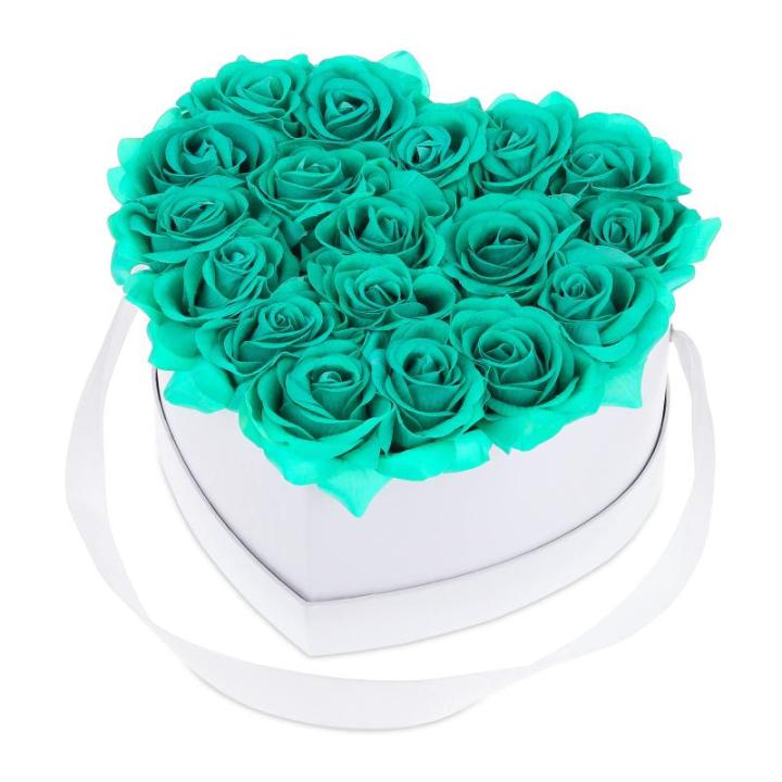 Rozenbox hart, 18 rozen, stabiele bloemenbox, wit, 10 jaar houdbaar, cadeau-idee, decoratieve bloemenbox, turquoise