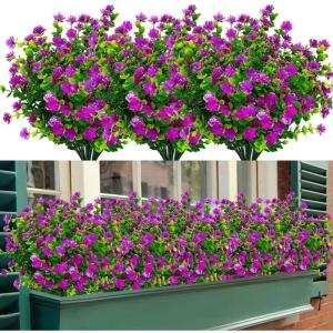Kunstbloemen voor buiten, uv-bestendig, , bloemen in grote hoeveelheden voor het ophangen van plantenbakken, buiten, veranda, vaas, thuis, raamdecoratie, 6 bundels, paars-rood